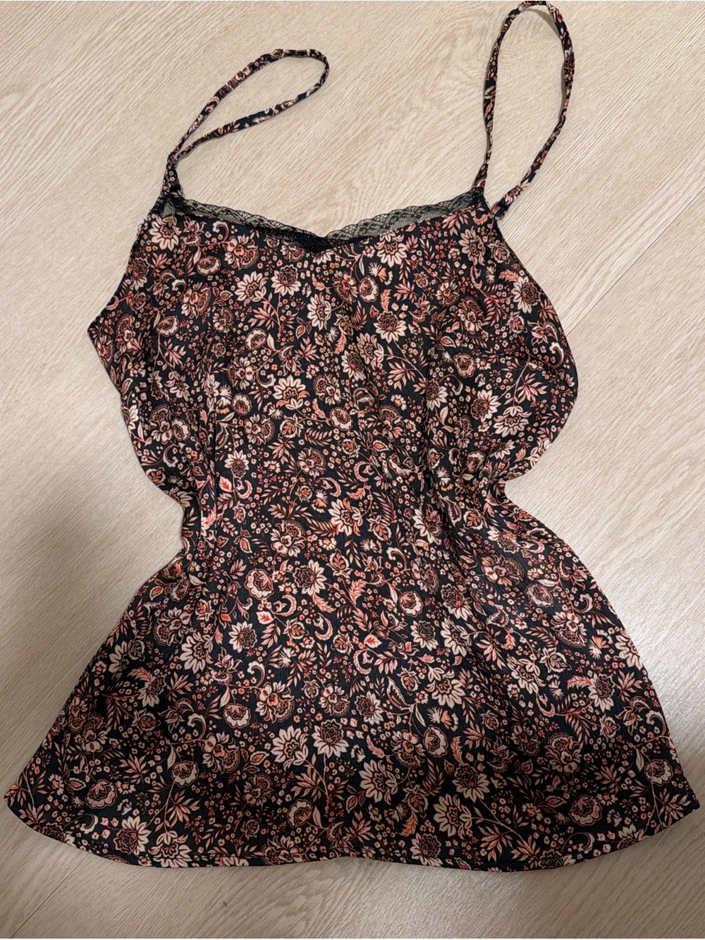 Floral Lace-Trim Black Cami with Rust and Cream Print